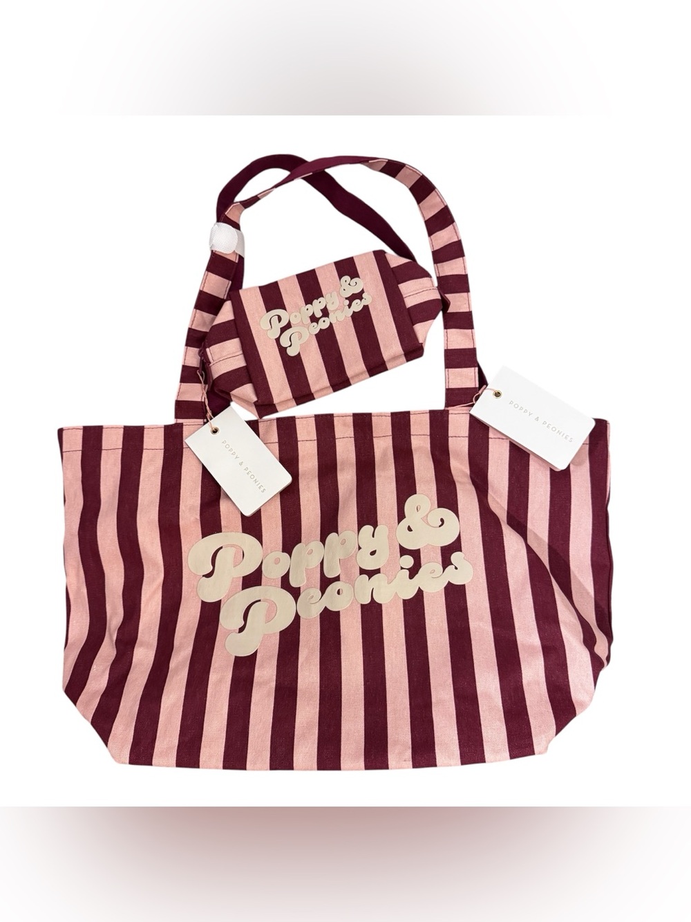 Poppy & Peonies Pink & Burgundy Striped Cotton Weekend Tote with Matching Pouch
